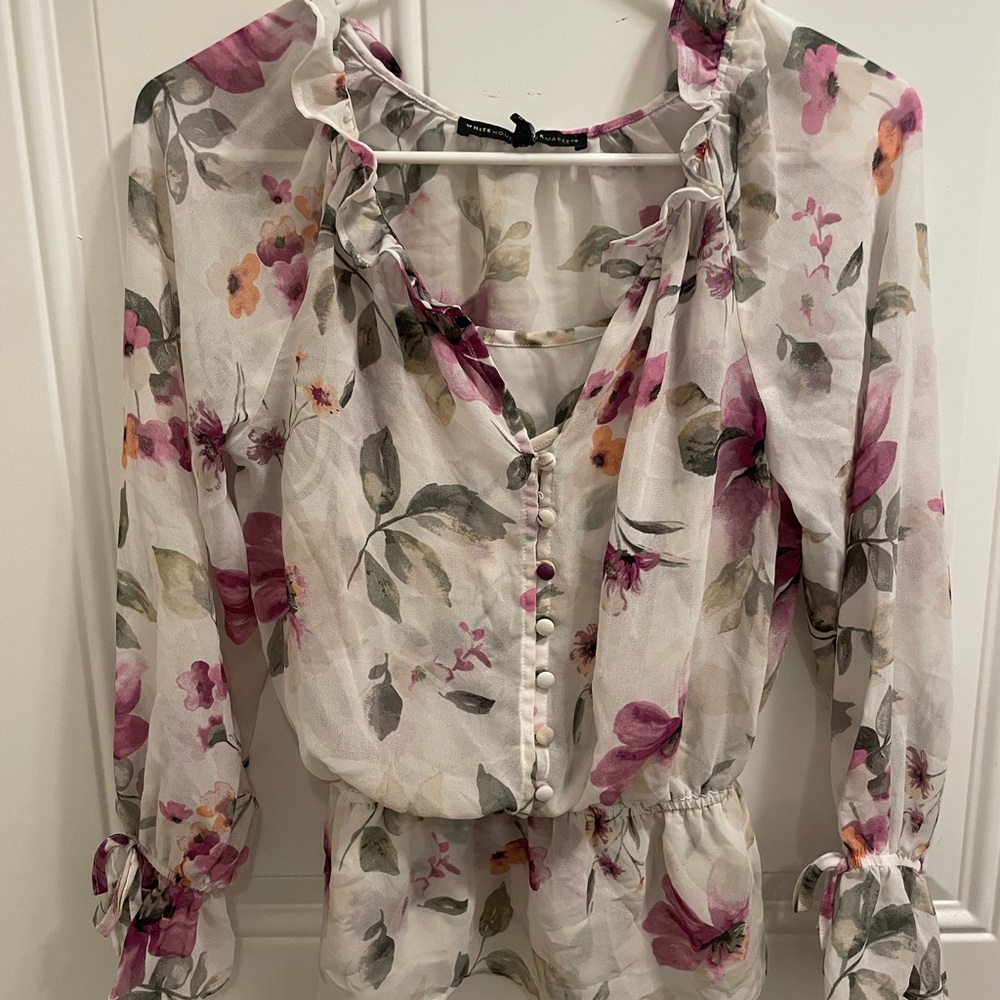 Calvin Klein Floral Ruffle Blouse White Pink Button-Front 4P